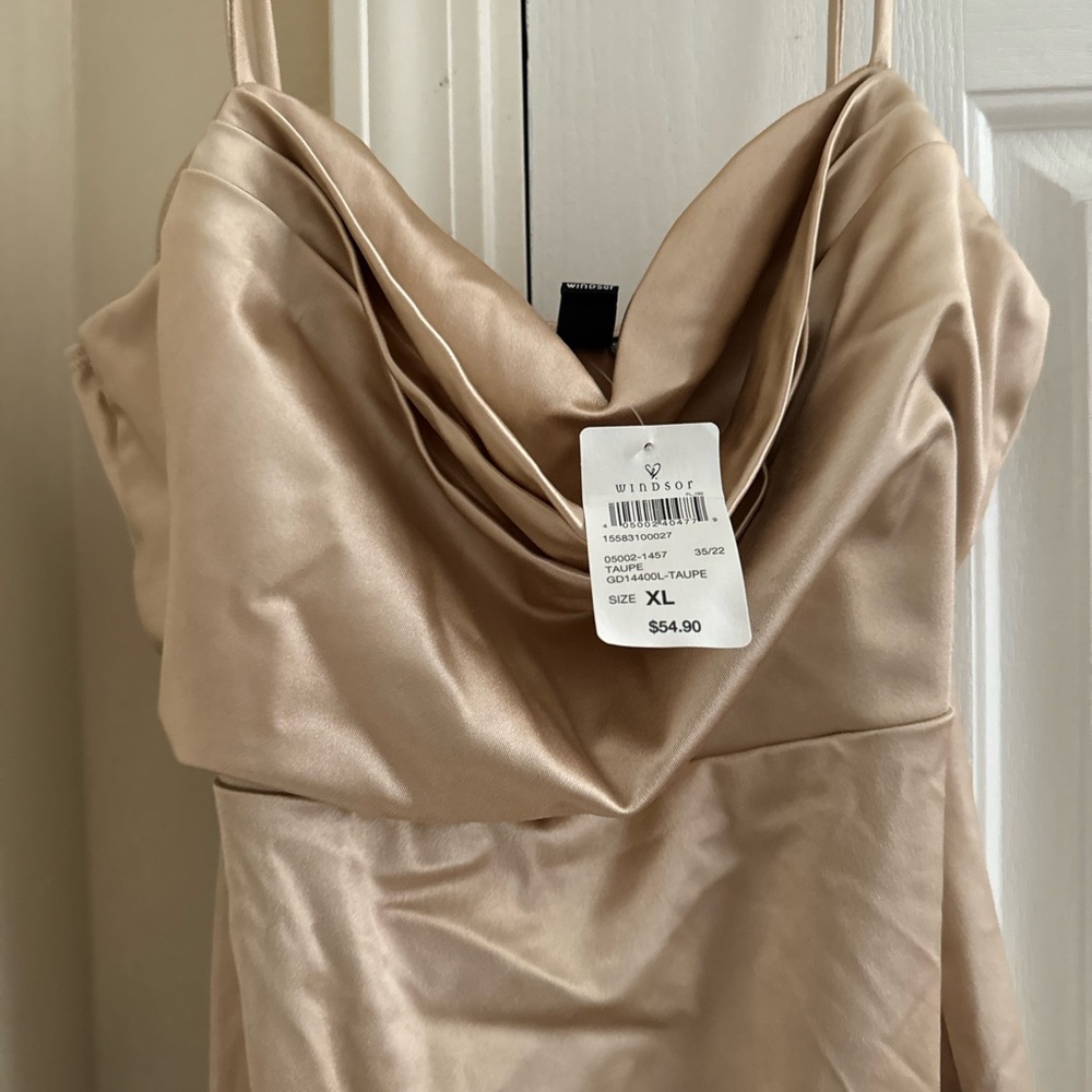 Windsor Taupe Long, High-Slit Dress • Never worn • Size: XL